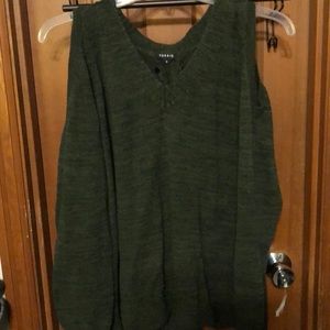 Knit dark green sweater with open shoulders